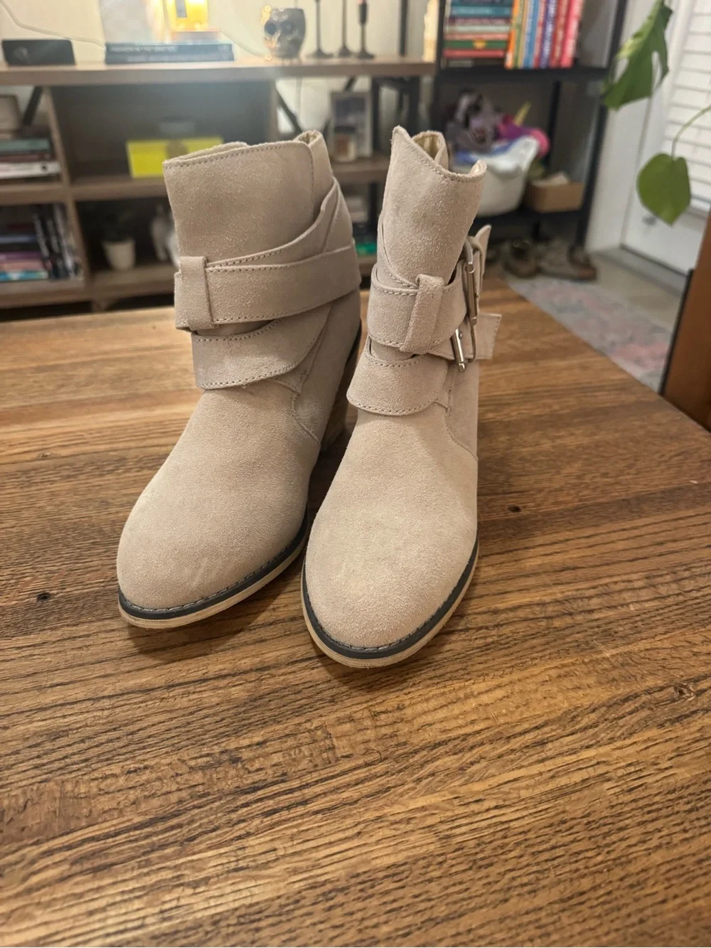 Women’s Beige Suede Buckle Ankle Booties